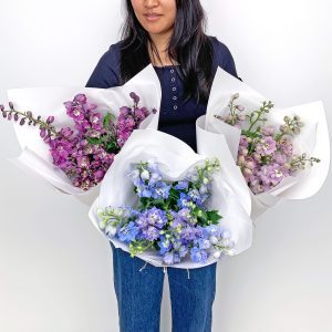 Three bouquets of delphinium in blues and pinks - Sydney flower delivery